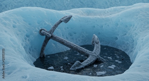 Frozen anchor in icy crevasse reflecting themes of inertia and stagnation