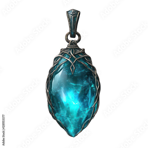 Floating and glowing cursed gemstone pendant isolated on transparent background