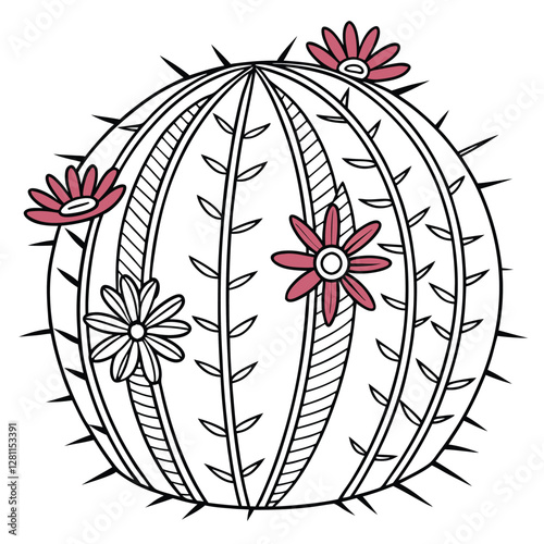 Cactus Coloring Page: Round Barrel Cactus with Flowers, Detailed Line Art Illustration for Kids and Adults, Desert Plant Drawing Printable