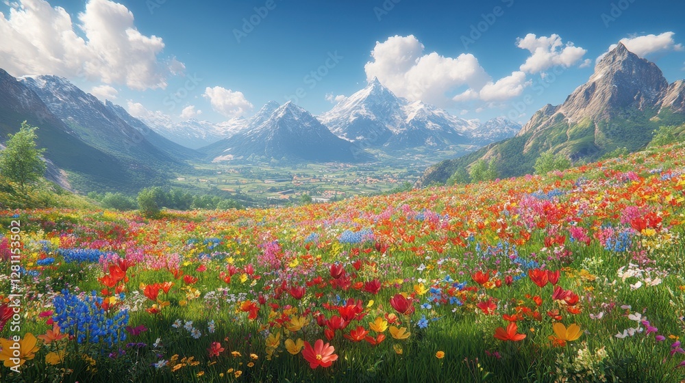 Alpine meadow wildflowers, mountain valley, sunny day, scenic landscape, travel poster Alpine meadow wildflowers, mountain valley, sunny day, scenic landscape, travel poster