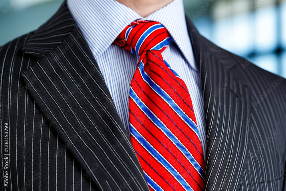 A man in a suit with a red and blue striped tie A man in a suit with a red and blue striped tie