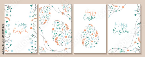 Happy Easter. Set of cards. Decorative Easter egg with floral elements, flowers and leaves. Greeting card, poster, banner, postcard. Vector illustration