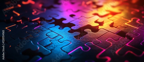 Creative design showing puzzle pieces representing disparate concepts fitting together, glowing neon lights, digital art style with interconnected ideas