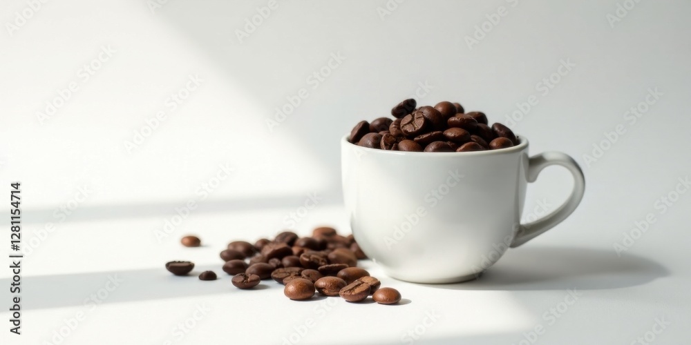 Aromatic Coffee Beans Resting in a Simple White Mug, Illuminated by Soft Sunlight Aromatic Coffee Beans Resting in a Simple White Mug, Illuminated by Soft Sunlight