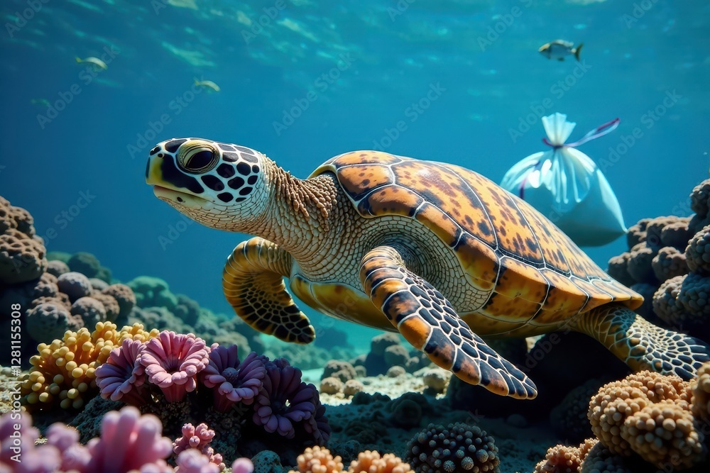 Fototapeta premium Hawksbill turtle's head near plastic bag in vibrant coral reef, vibrant, reef