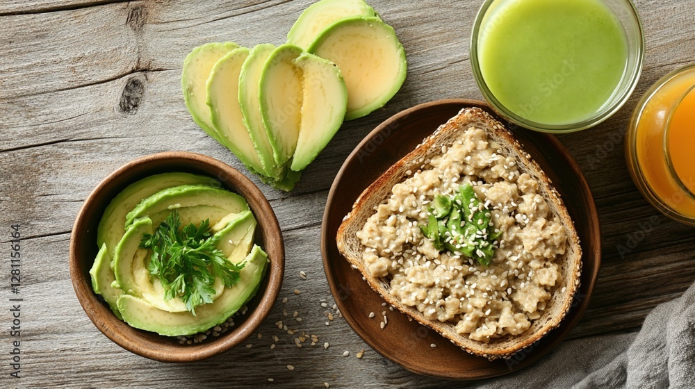 Healthy Breakfast, Avocado Toast with Green Juice Healthy Breakfast, Avocado Toast with Green Juice