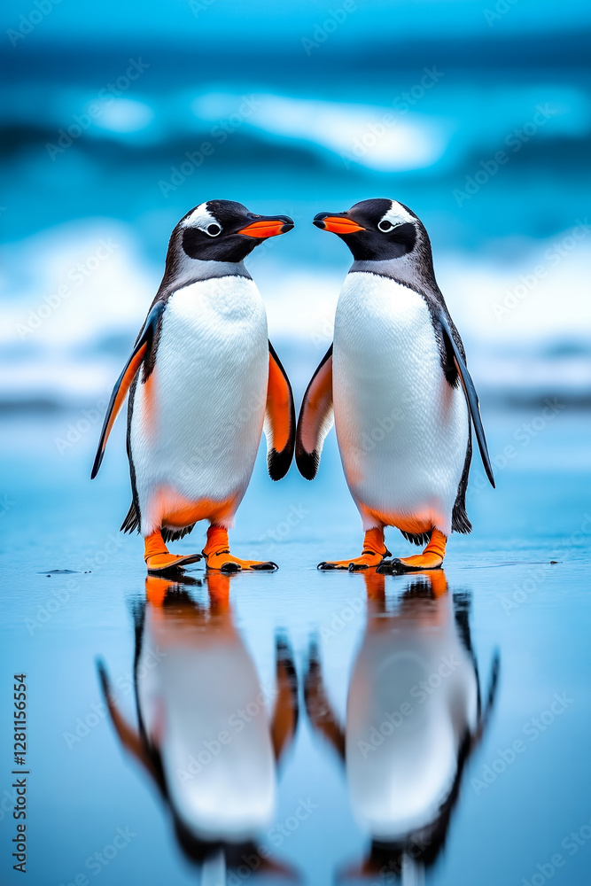 Fototapeta premium Two penguins standing next to each other on a beach