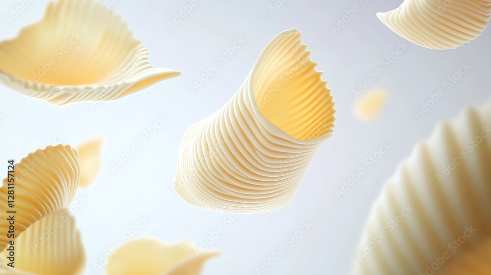 Yellow Conchiglie Pasta Floating in 2D Vector Style on White Background