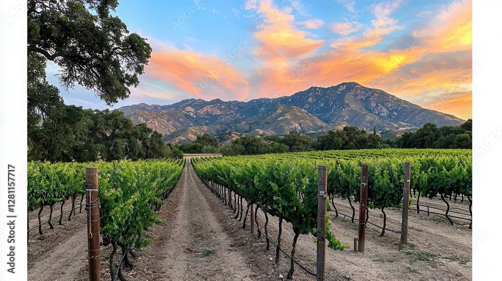 Fototapeta premium Vineyard Landscape at Sunset Mountain View Rows of Vines