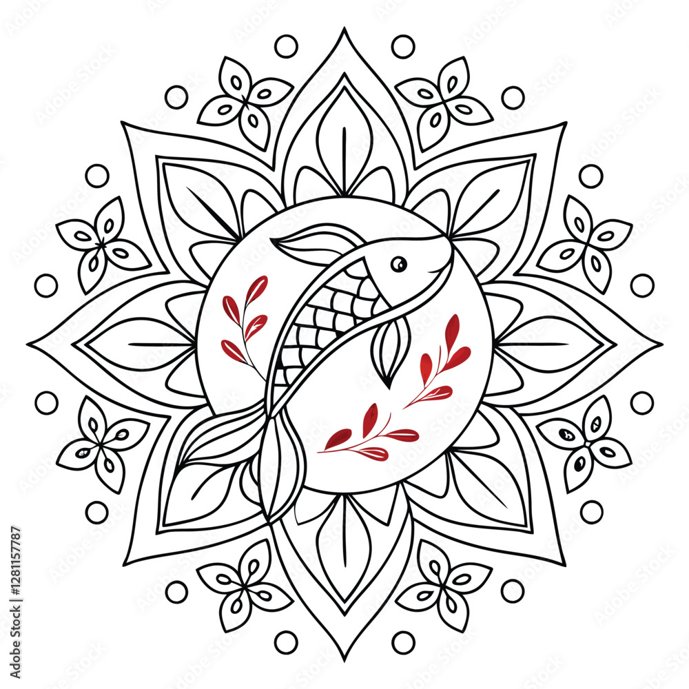 Fototapeta premium Koi Fish Mandala Coloring Page: Intricate Floral Design, Asian Art, Relaxation, Zentangle Style, Printable Fish Art Therapy for Adults & Kids