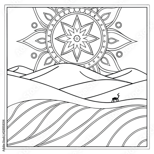 Desert Landscape Mandala Coloring Page: Printable Art for Relaxation, Adult Coloring Book Page with Deer Silhouette and Mountain Scene