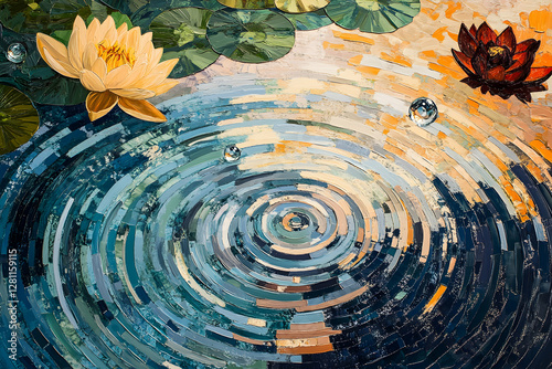 Lotus and Water Lily Pond Ripples with Water Drops, Fine Art Painting