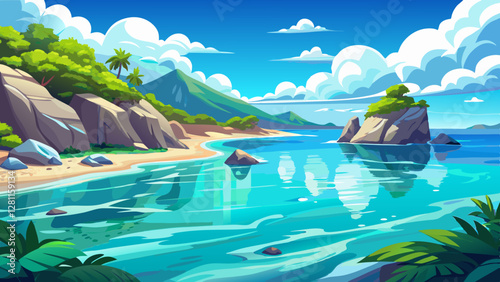 Crystal-clear sea water in a pristine ocean lagoon, with a sunny and cloudy sky. An idyllic, relaxing seascape with a transparent surface, perfect for exotic travel in the tropics or Mediterranean.