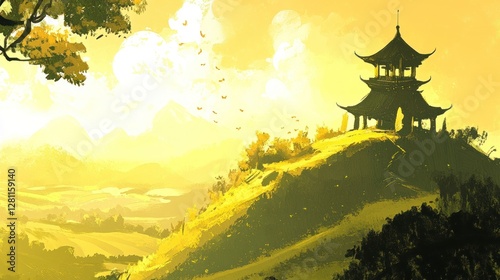 Serene Pagoda Perched Atop A Golden Hillside Landscape