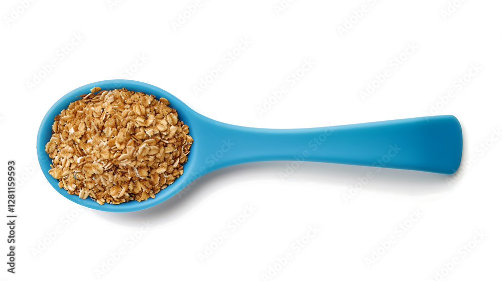 closeup of healthy dried uncooked cereals on a blue spatula closeup of healthy dried uncooked cereals on a blue spatula