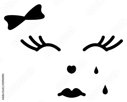 Sad expression of a woman's face. Crying face with melancholy emotions. Eyes are closed, tears are dripping from them, bow. Sketch. Vector illustration. Outline on an isolated white background. 