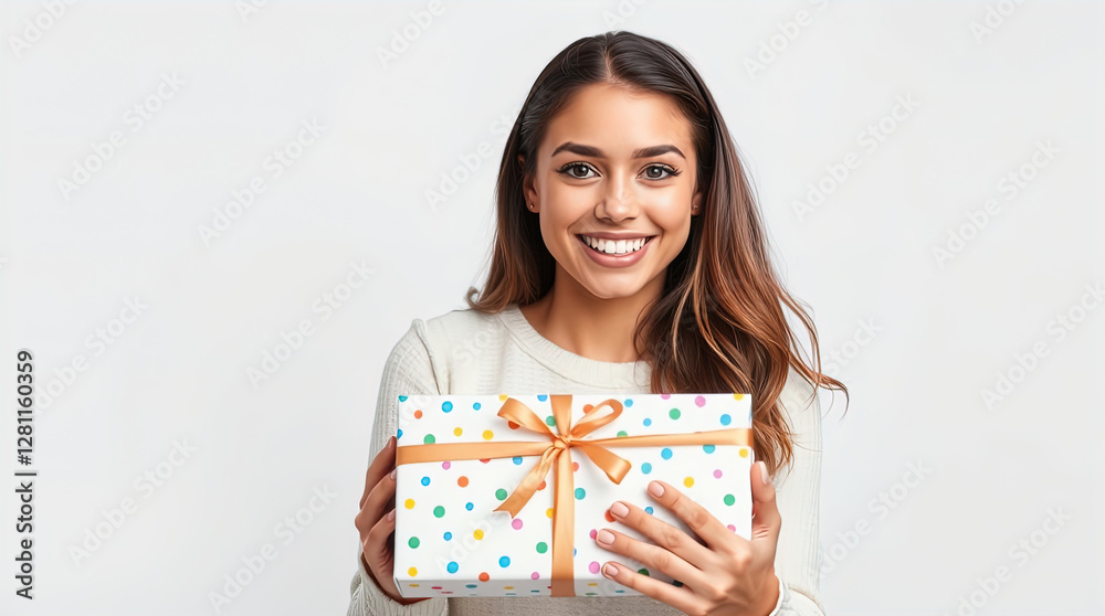 smiling woman holding craft box, craft gift box isolated on white background smiling woman holding craft box, craft gift box isolated on white background