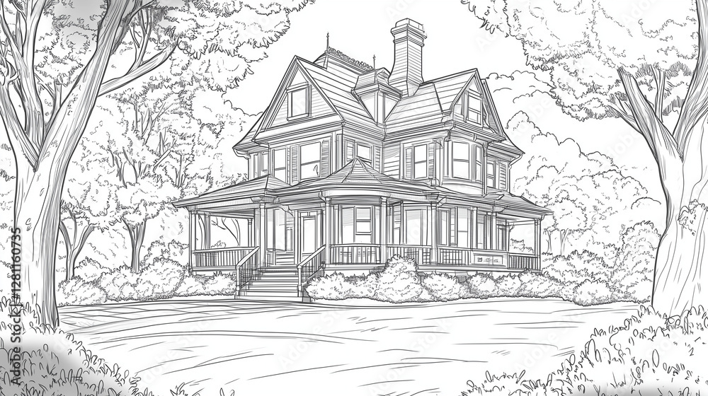 Obraz premium Black and white line art illustration of a charming old Victorian house with a large front porch, surrounded by trees, designed as a coloring book page. Featuring simple, clean lines with no shading,