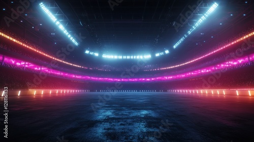 Empty neon-lit stadium arena at night.