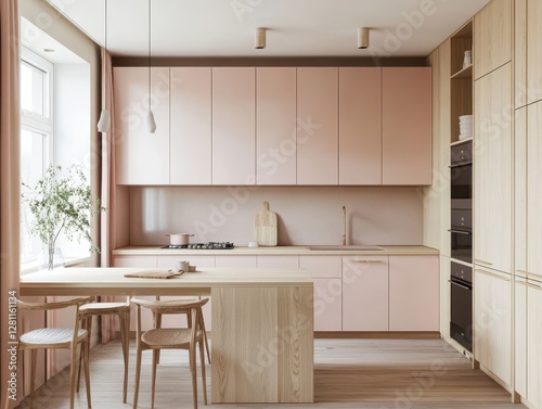 A minimalist kitchen featuring pink cabinets and wooden details