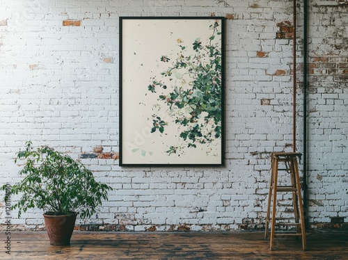 A 3D illustration tabloid poster mockup with no content and a black frame is displayed on the wall