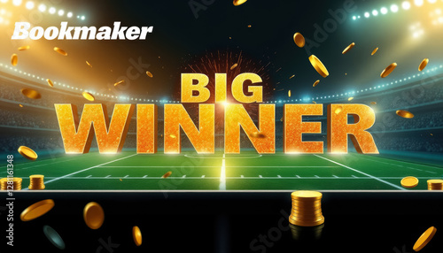 text big winner on background of football stadium and falling gold coins, bookmaker concept