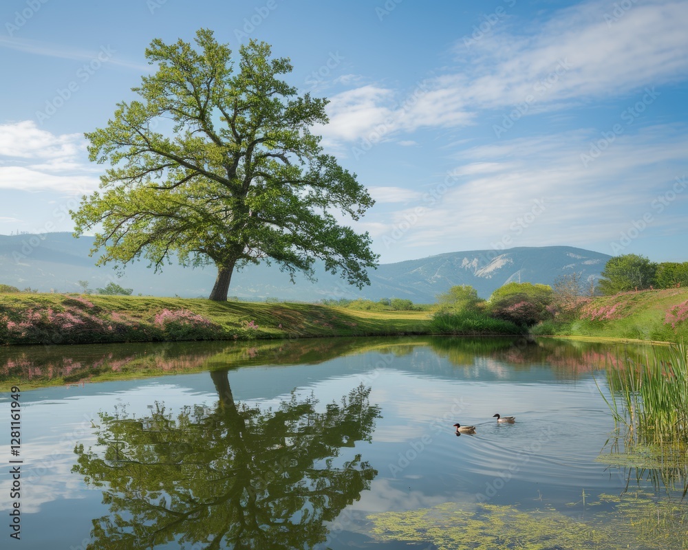 Serene lake with a green oak tree, ducks swimming, and a mountain view in the background Serene lake with a green oak tree, ducks swimming, and a mountain view in the background