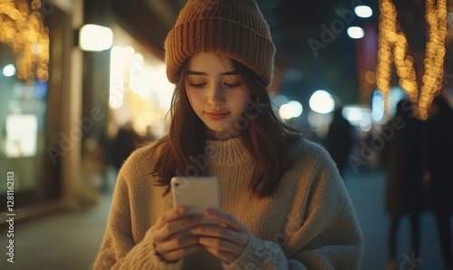a young woman focused on her mobile phone while walking on the street at night, a cozy and urban setting with festive lights in background