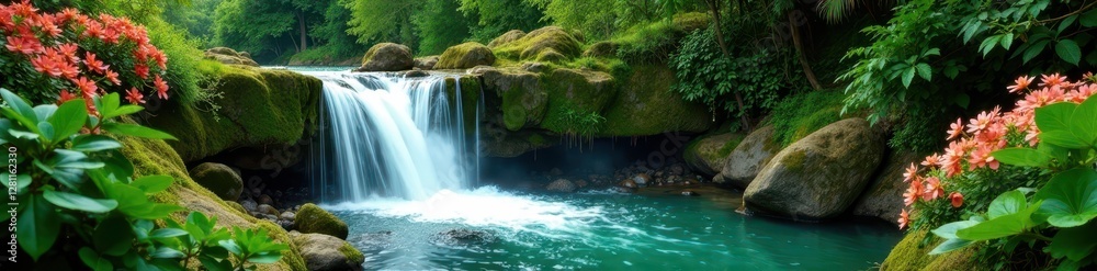 Emerald cascade tumbles over mossy rocks, vibrant blooms burst forth , serenity, flowing water, image Emerald cascade tumbles over mossy rocks, vibrant blooms burst forth , serenity, flowing water, image