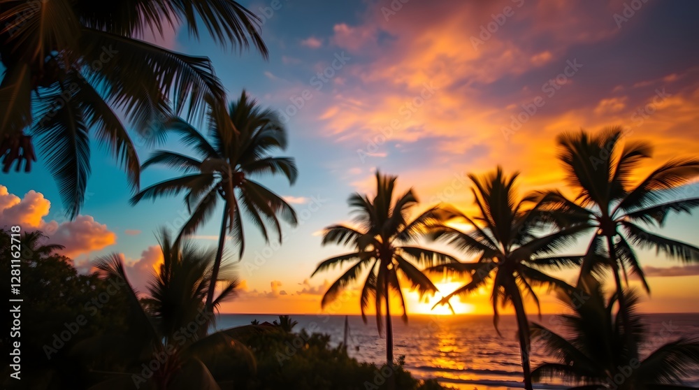 A beautiful tropical sunset featuring palm trees framing a vividly colorful ocean horizon, evoking a serene and tranquil feeling, perfectly capturing the magnificence of nature's twilight display. A beautiful tropical sunset featuring palm trees framing a vividly colorful ocean horizon, evoking a serene and tranquil feeling, perfectly capturing the magnificence of nature's twilight display.