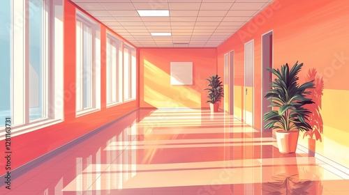 Minimalist illustration of an empty modern office corridor with soft lighting and clean lines. Ample copy space emphasizes simplicity and openness in a professional setting.