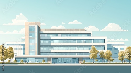 Minimalist flat illustration of Emory University Hospital with soft colors. Focus on modern architecture and design, with ample copy space for a clean and professional feel.