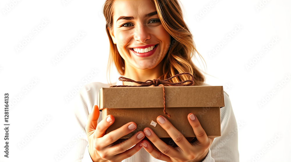 smiling woman holding craft box, craft gift box isolated on white background