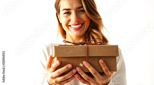 Obraz na płótnie smiling woman holding craft box, craft gift box isolated on white background w salonie