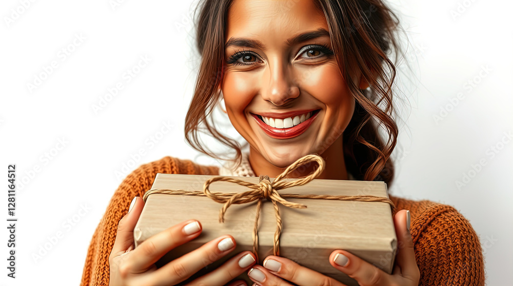 smiling woman holding craft box, craft gift box isolated on white background