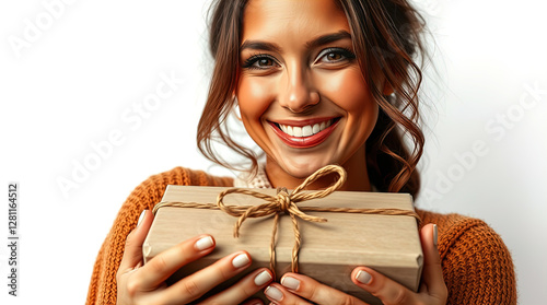 Obraz na płótnie smiling woman holding craft box, craft gift box isolated on white background w salonie