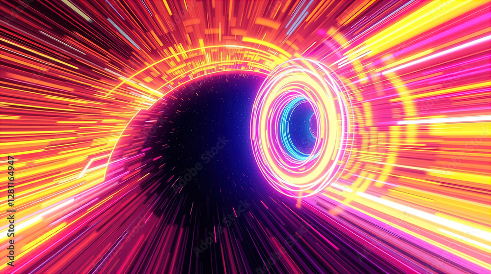 abstract astral corridor-portal with bright neon light effects, spirals of light