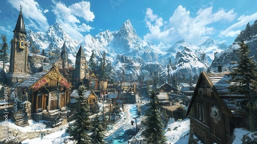 Snowy Mountain Village Winter Scene Fantasy Town