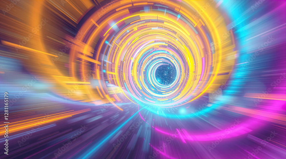 abstract astral corridor-portal with bright neon light effects, spirals of light