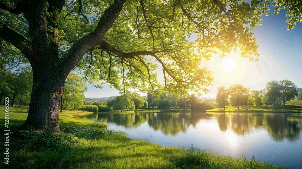 Serene Summer Landscape: Sunlit Lake and Lush Green Tree Serene Summer Landscape: Sunlit Lake and Lush Green Tree