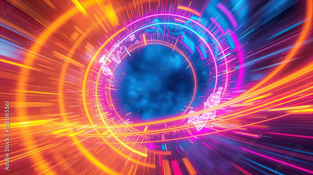 abstract astral corridor-portal with bright neon light effects, spirals of light