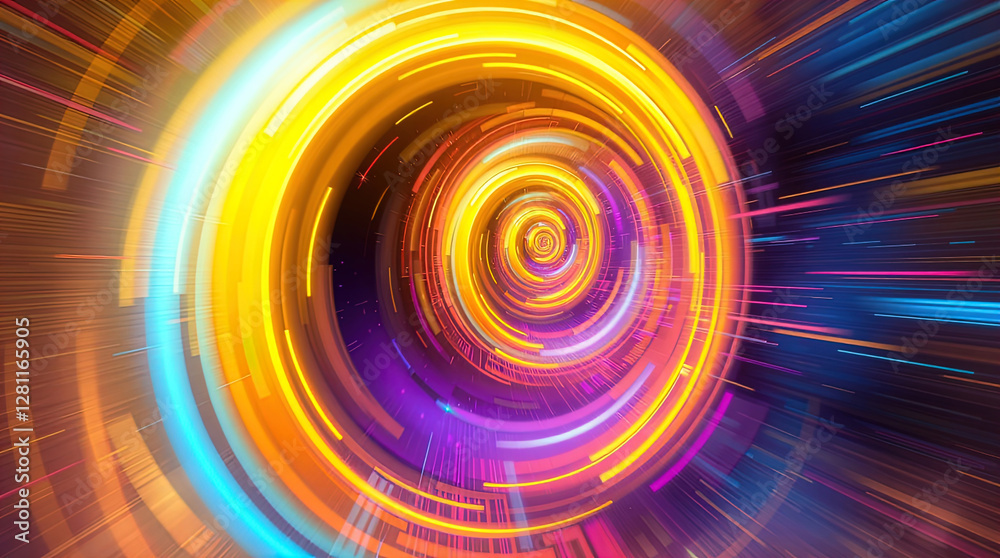 abstract astral corridor-portal with bright neon light effects, spirals of light