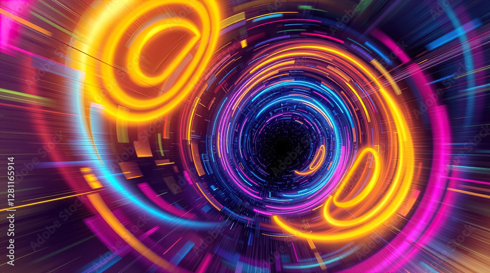 abstract astral corridor-portal with bright neon light effects, spirals of light