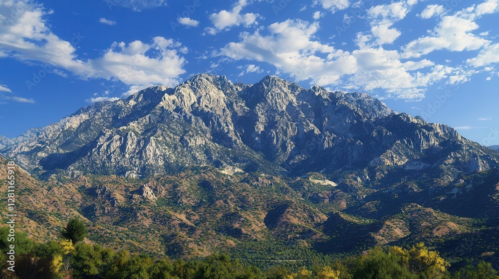 Naklejka premium Majestic Mountain Range under a Blue Sky with Fluffy Clouds