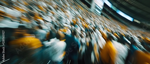 Blurred motion image of a large energetic crowd gathered at an event or festival with a chaotic vibrant and frenetic atmosphere  The image conveys a sense of movement excitement photo