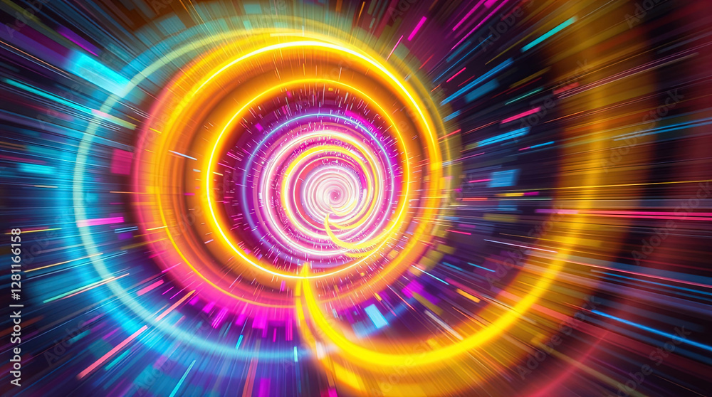 abstract astral corridor-portal with bright neon light effects, spirals of light