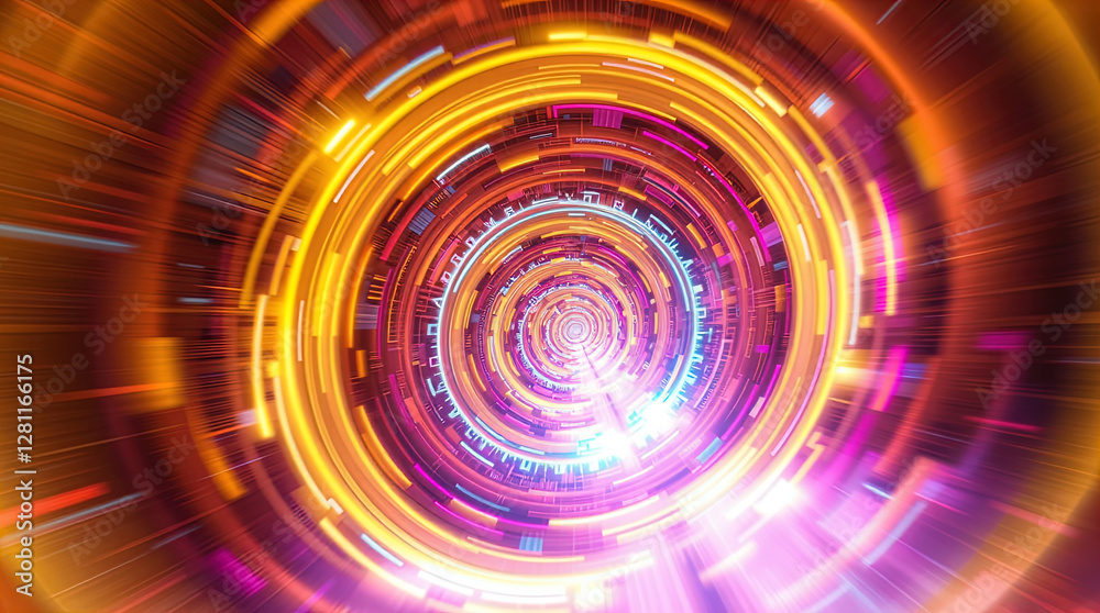 abstract astral corridor-portal with bright neon light effects, spirals of light