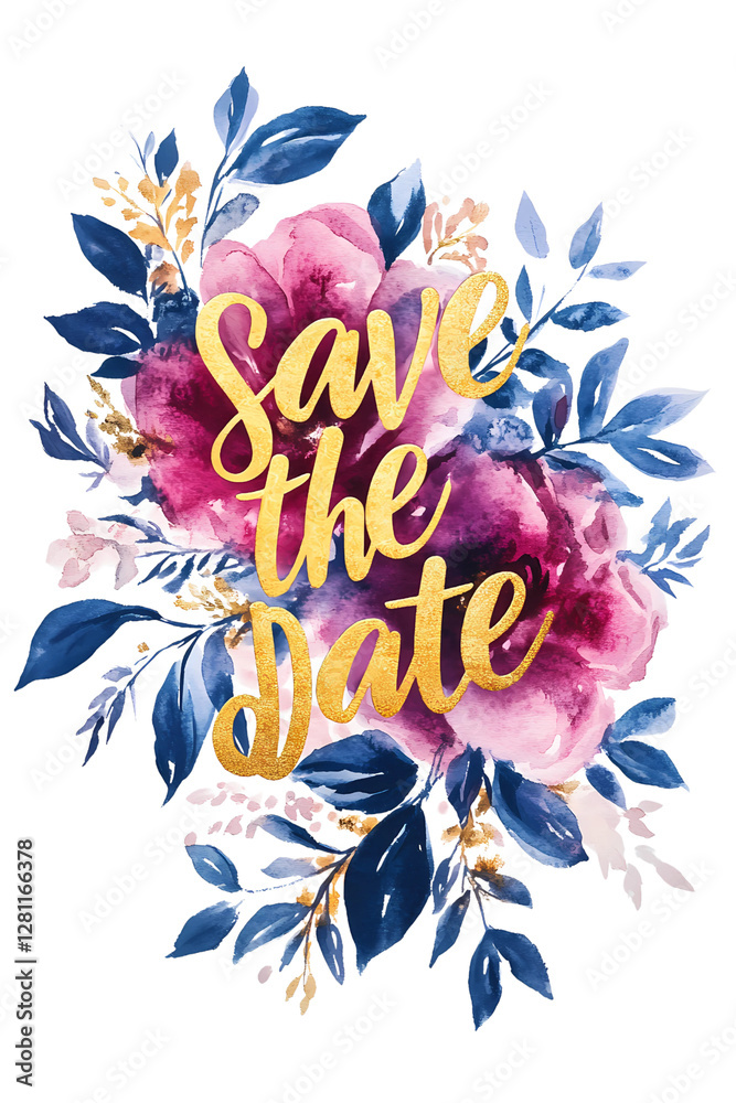 Fototapeta premium Save the date watercolor floral card in gold foil script font on a pink and blue floral watercolor illustration card. isolated background