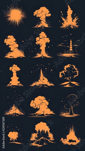 Explosion Sequence Illustrations, Nighttime, Various Locations