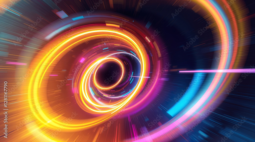 abstract astral corridor-portal with bright neon light effects, spirals of light